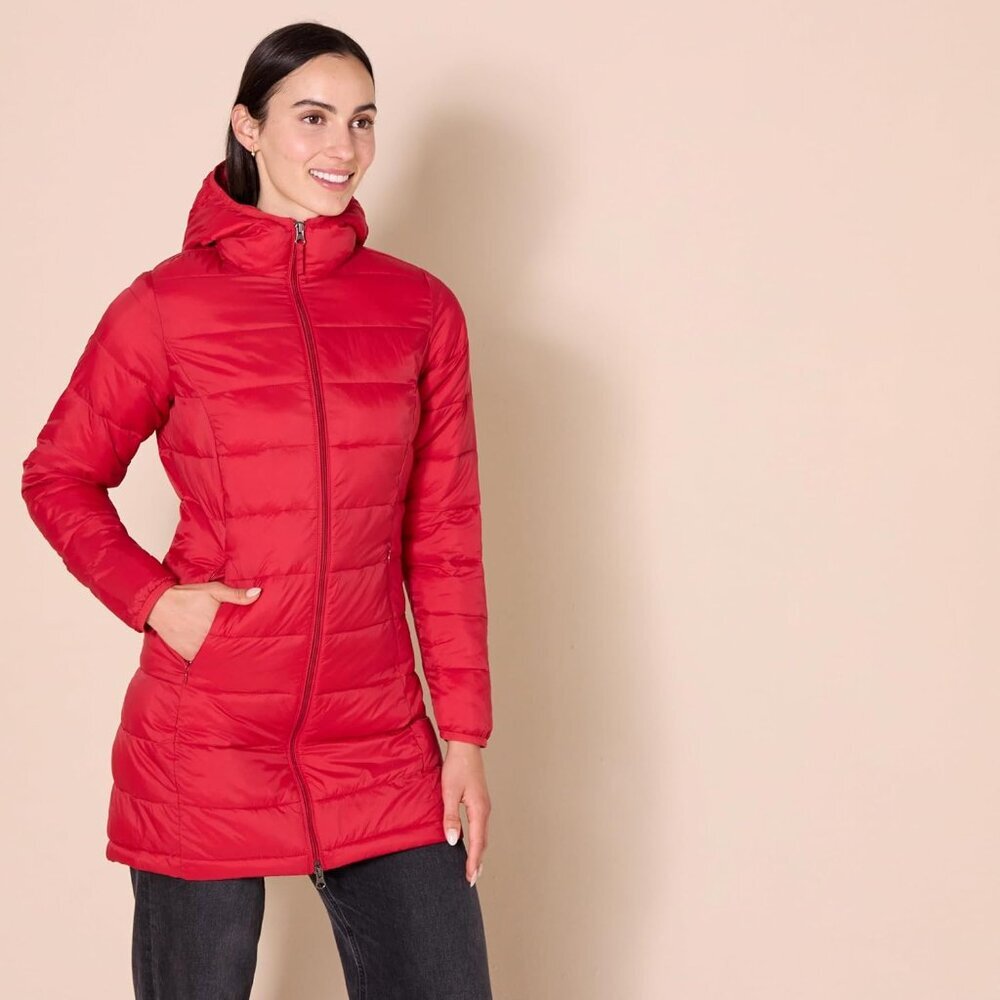 Women's Bright Poppy Red Lightweight Water-resistant Hooded Puffer Coat - Picture 2 of 5